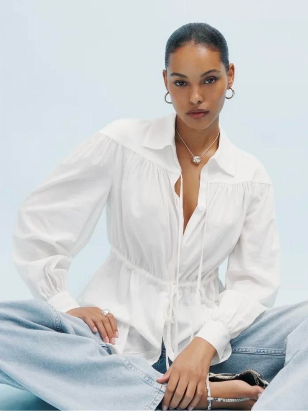 Reformation White Drawstring Waist Blouse